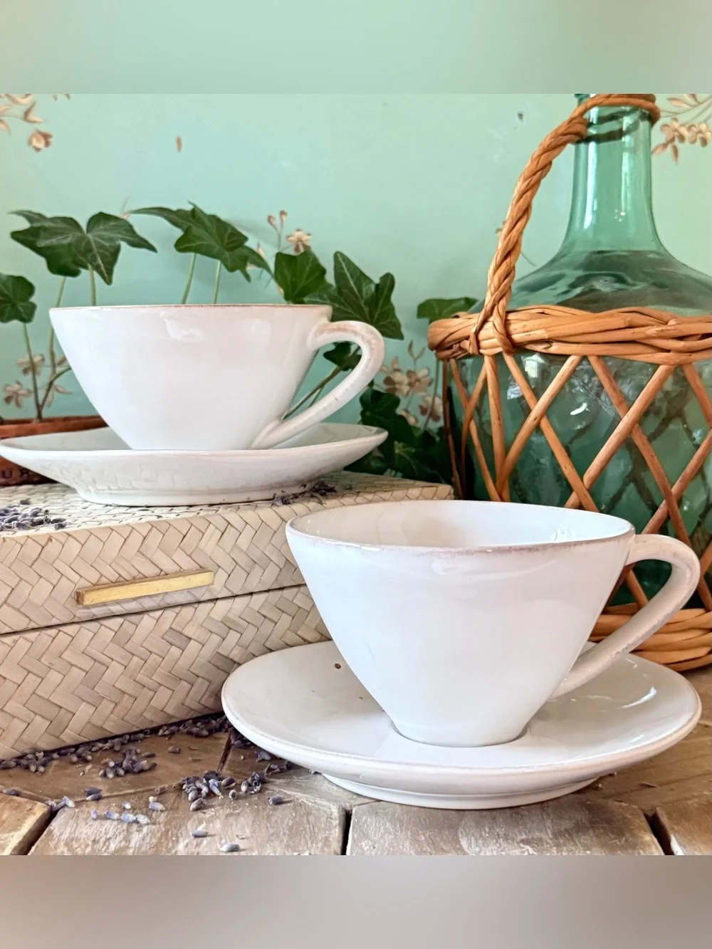 Crate & Barrel Marin 9.5-oz. White Stoneware Cappuccino Cups & Saucers, Set/2